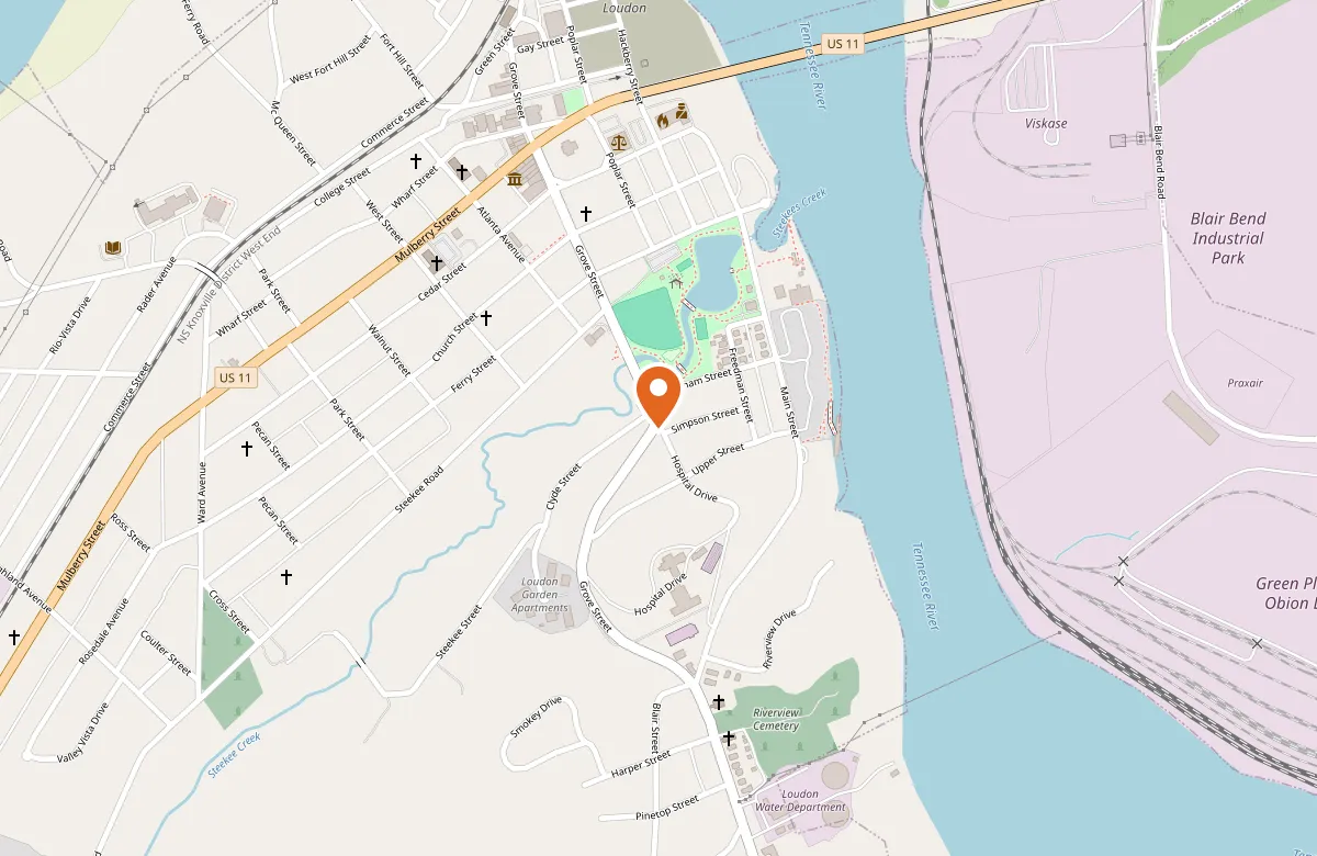 Map showing the unconfirmed location of the DPCA clinic in Loudon, TN
